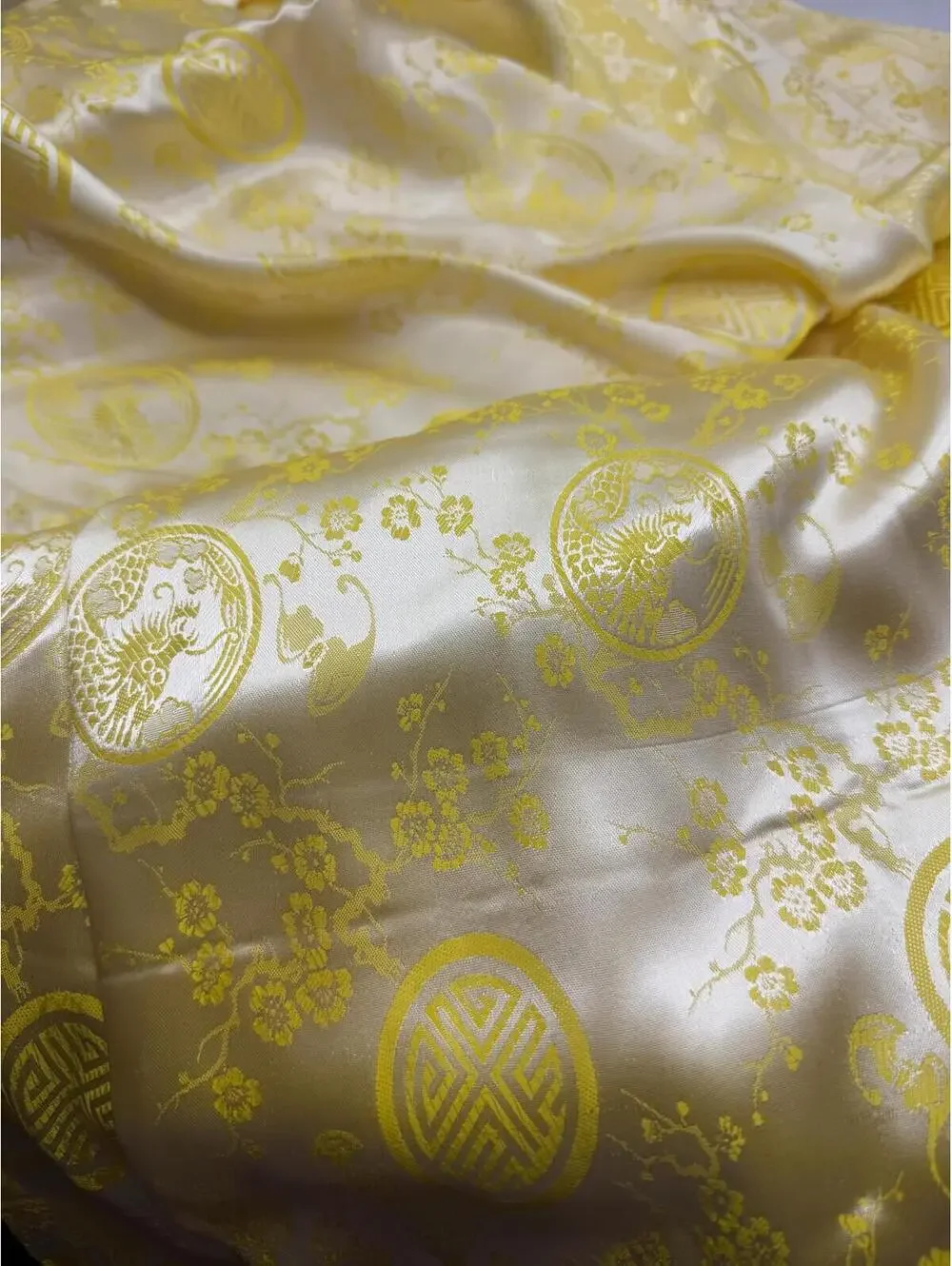 Vintage Yellow Satin Brocade Fabric: Asian Floral Pattern, 11 Yards